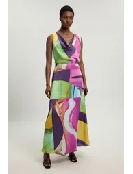 Pink Abstract Twist Shoulder Satin Viscose Midi Dress