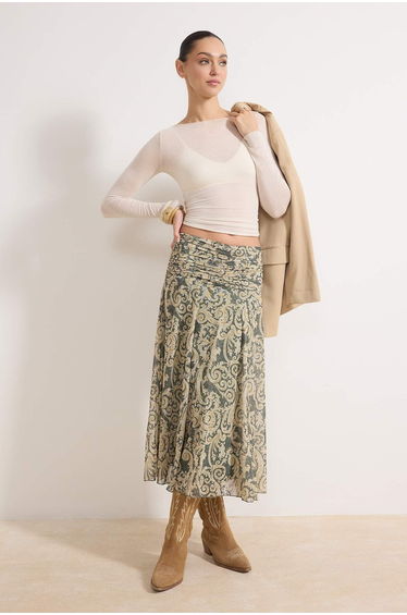 Khaki Maxi Shirred/Drape Detailed Boho/Boho Chic Printed Tulle Stretchy Knitted Skirt