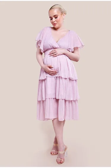 Goddiva Maternity Plain Lurex Chiffon Tiered Midi Dress - Pink