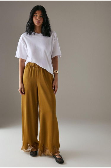 Satin Lace Insert High Waisted Wide Leg Trousers