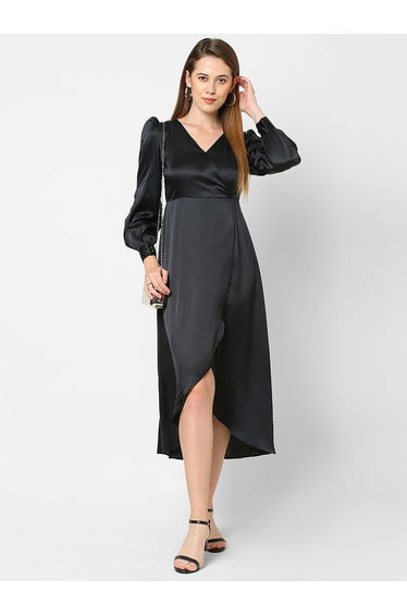 Satin Asymmetric Hem A-Line Wrap Midi Dress