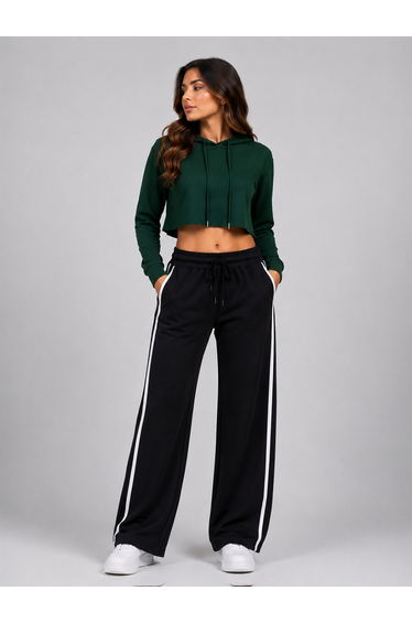 Black Wide Leg Track Joggers with Side Stripe