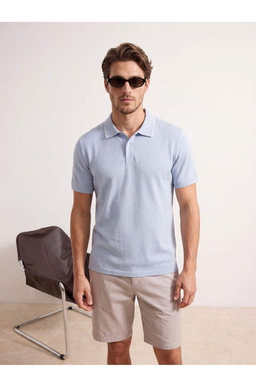 Blue Regular Jacquard Fabric Knitwear Tape Polo Neck T-Shirt