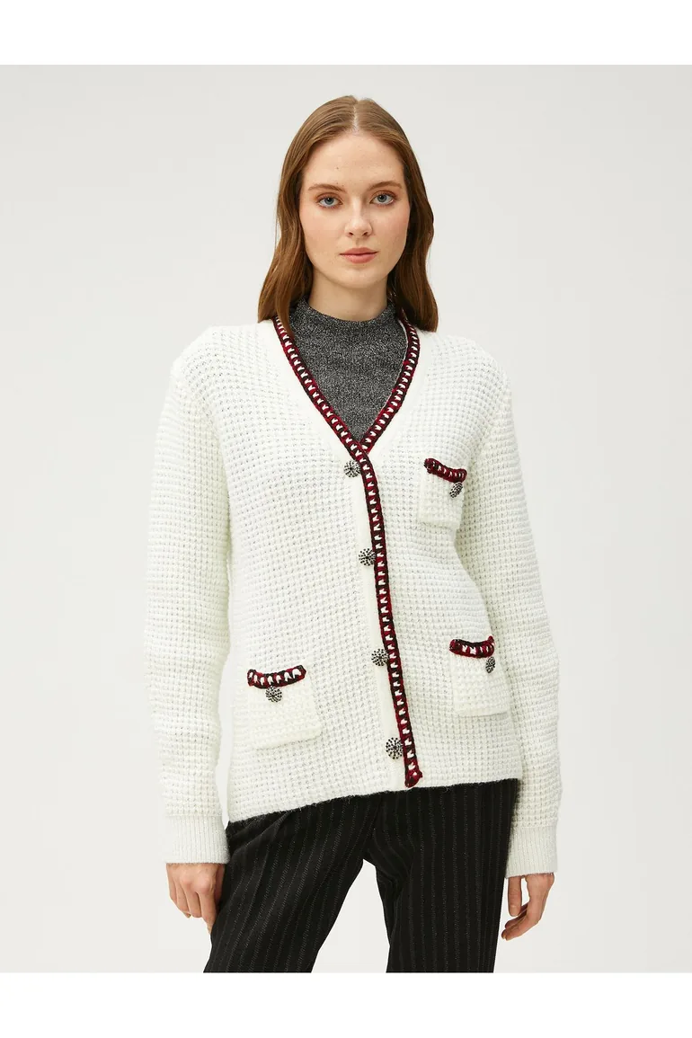 Melis Ağazat X - Button Detailed V-neck Knitted Cardigan with Pockets.