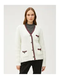 Melis Ağazat X - Button Detailed V-neck Knitted Cardigan with Pockets.