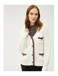 Melis Ağazat X - Button Detailed V-neck Knitted Cardigan with Pockets. - 2