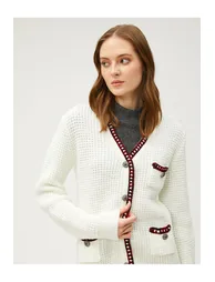 Melis Ağazat X - Button Detailed V-neck Knitted Cardigan with Pockets. - 1