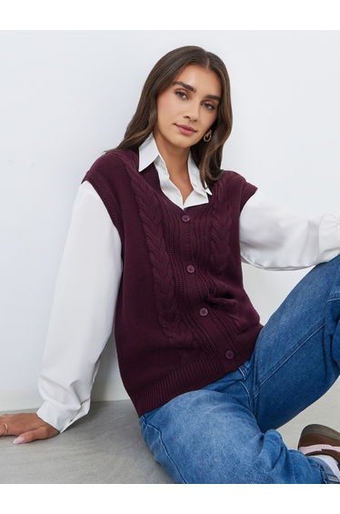 Women Burgundy Cable Knit Vest