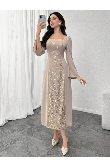 Floral Embroidered Detail Square Neck Maxi Dress