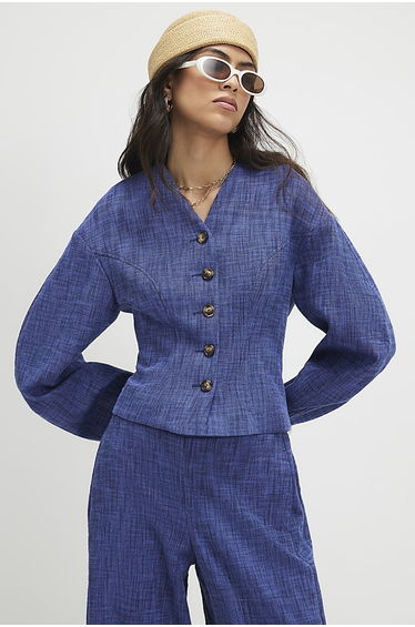 Navy Cotton Cocoon Sleeve Seamed Jacket