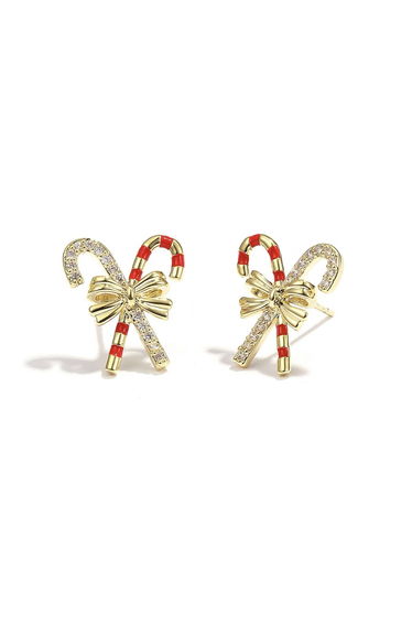 Gold Bow Crossed Candy Cane Earrings