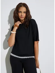 Black Lace Hem Insert Relaxed Fit T-Shirt - 2