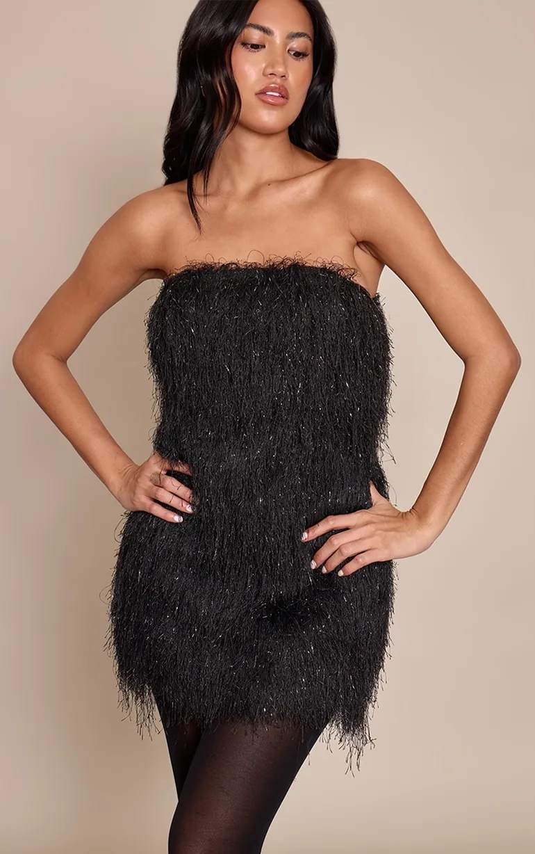 Black Glitter Fringe Bandeau Bodycon Dress Prettylittlething Black : Party  Dresses : VogaCloset Qatar