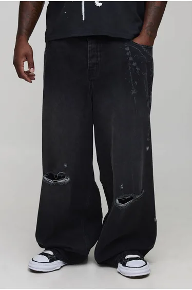 Plus Super Baggy Extreme Washed Laser Printed Denim Jeans - washed black