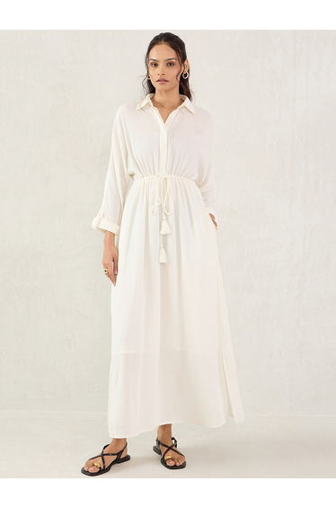 Off White Textured Crinkled Shirt Dress