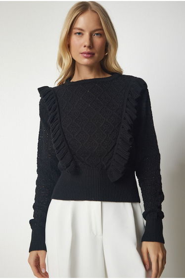 Women's Black Openwork Ruffle Detailed Knitwear Sweater