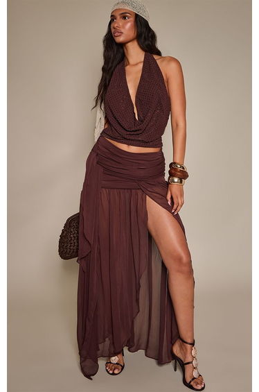 Chocolate Studded Chiffon Cowl Neck Top