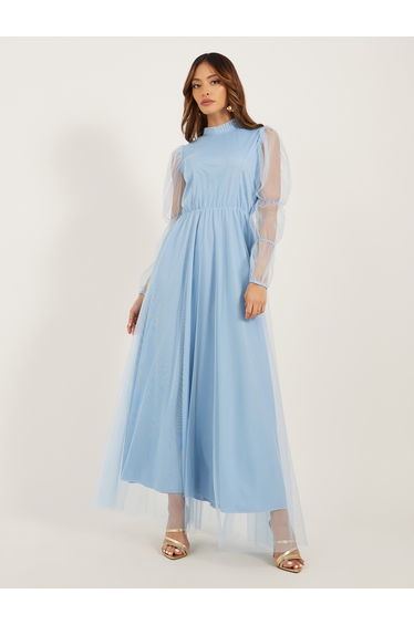 Solid High Neck Net A-Line Maxi Dress