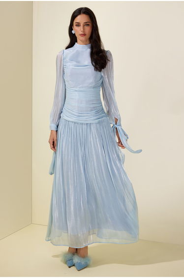 Stand Collar Long Sleeve Gathering Bodycon Maxi Dress