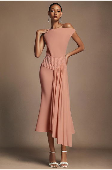 Paulina Oblique Shoulder Sleeveless Folds Pink Midi Dress
