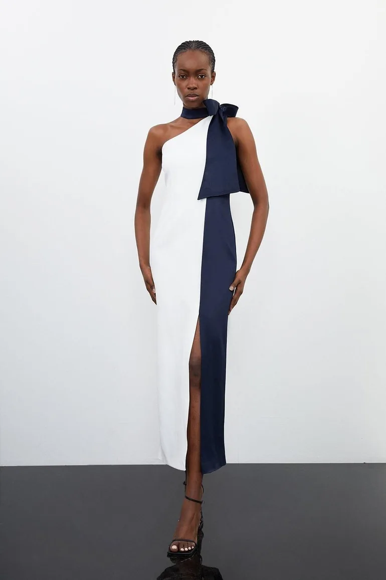 Tailored Satin Back Crepe Tie Neck Contrast Panel Midaxi Dress