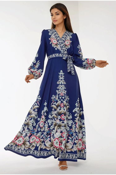 Printed V- Neck Long Sleeve Maxi Dress with Belt