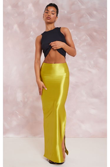 Olive Stretch Satin Split Side Maxi Skirt