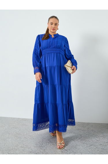 Plus Size Blue Long Sleeves Tiered Maxi Dress