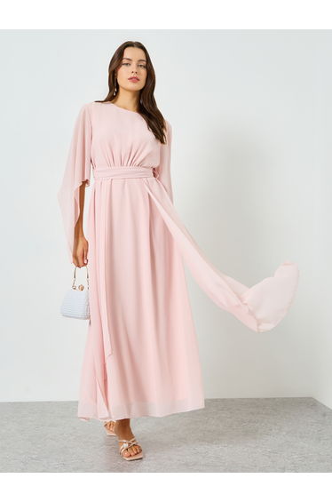 Pink Angel Sleeve Belted A-Line Maxi Dress