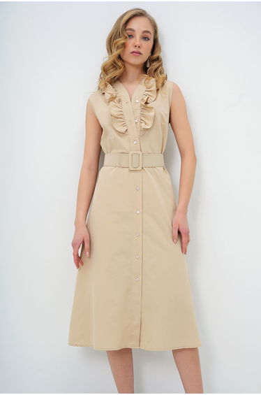 Women's Beige Frilly Front Belted Poplin Woven Dress