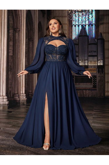 Plus Size Women Solid Color Lace Splicing Long Sleeve Bodice Chiffon Gown Dresses