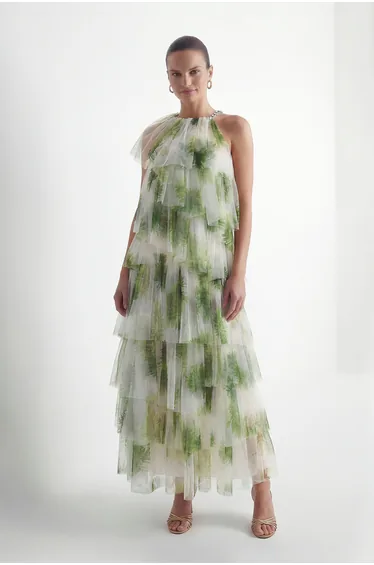 Garden Romance Green Leaf Print Tiered Tulle Maxi Dress