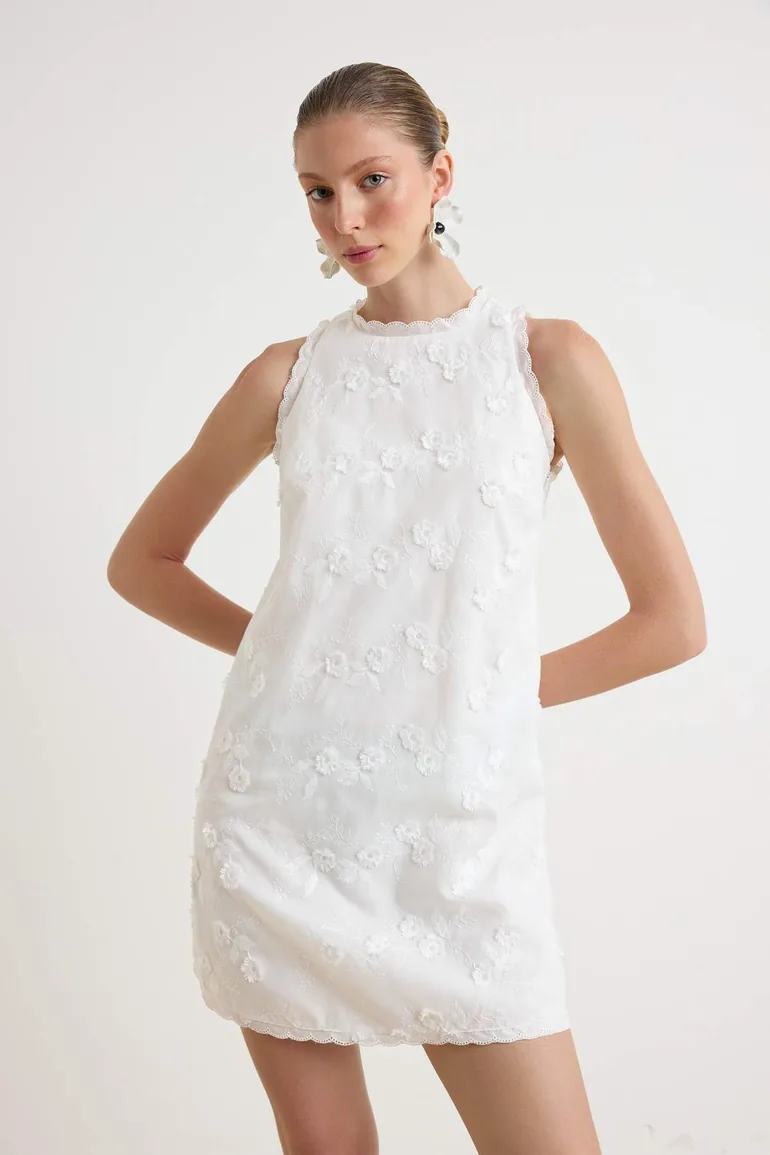 Ecru Fabric Featured Embroidered Mini Woven Dress