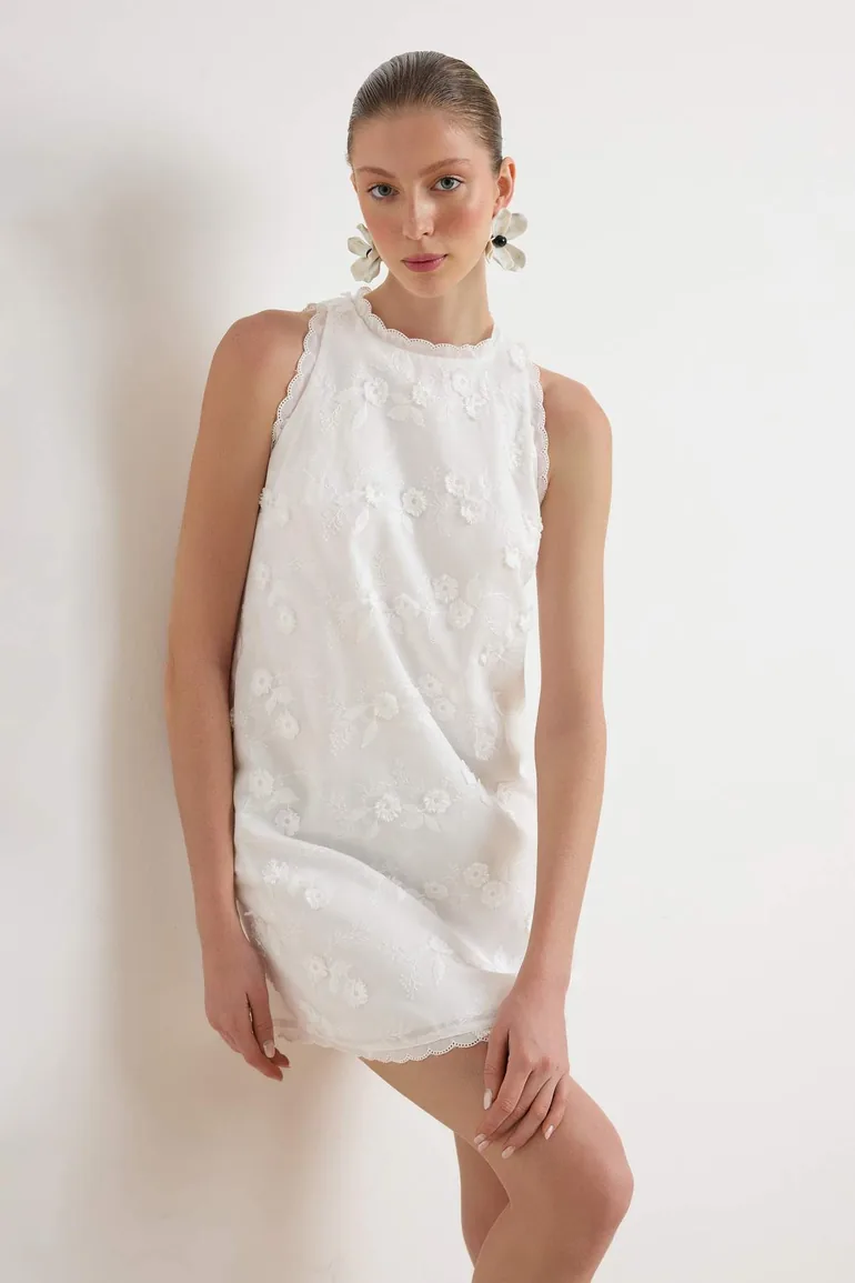 Ecru Fabric Featured Embroidered Mini Woven Dress - 1