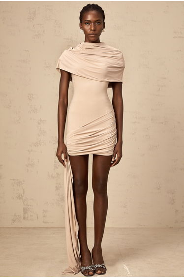 Gaëlle neutrals cape-design ruched fitted mini dress