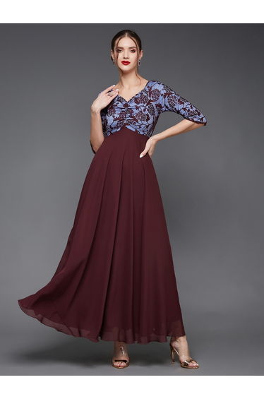Lace Overlaid V Neck A-Line Maxi Dress