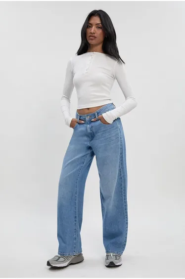 Basics High Waist Straight Leg Jean - mid blue