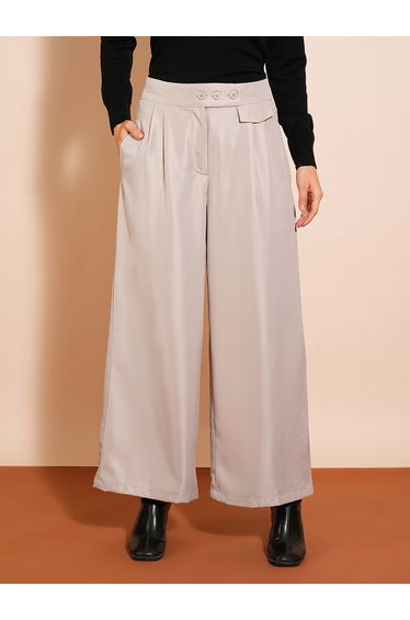 Solid High-Rise Pleated Wide-Leg Trousers