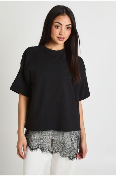 Oversized T-Shirt with Lace Asymmetric Hem Detail - black