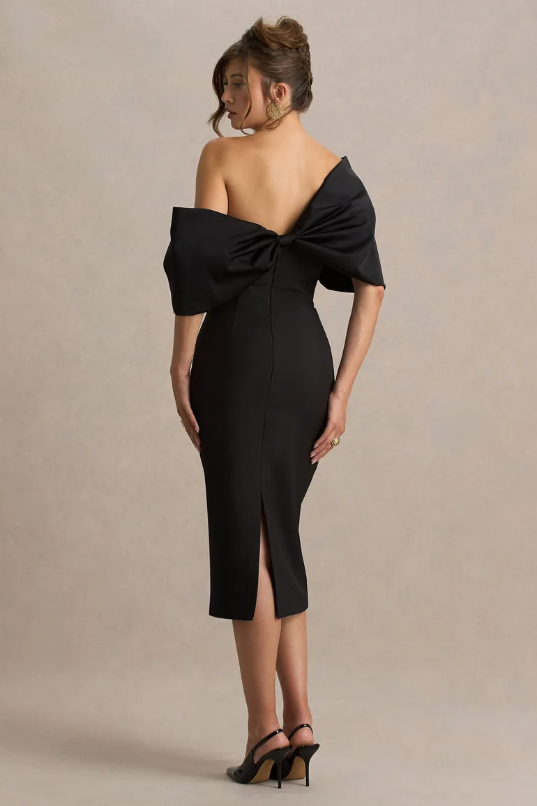 Lucille | Black Asymmetric Bardot Midi Dress - 1