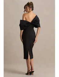 Lucille | Black Asymmetric Bardot Midi Dress - 1