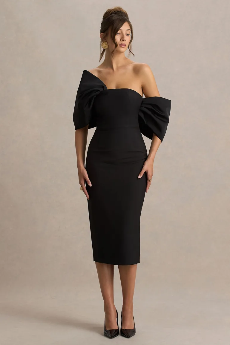 Lucille | Black Asymmetric Bardot Midi Dress - 3