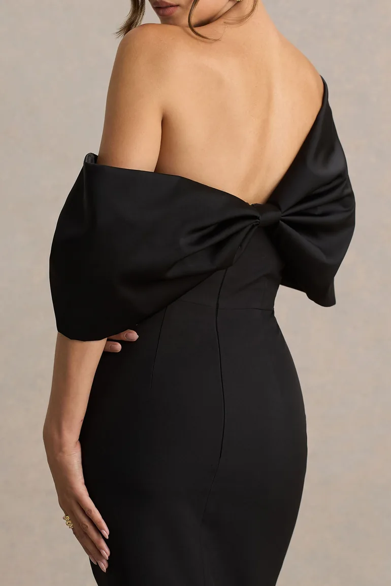 Lucille | Black Asymmetric Bardot Midi Dress - 2