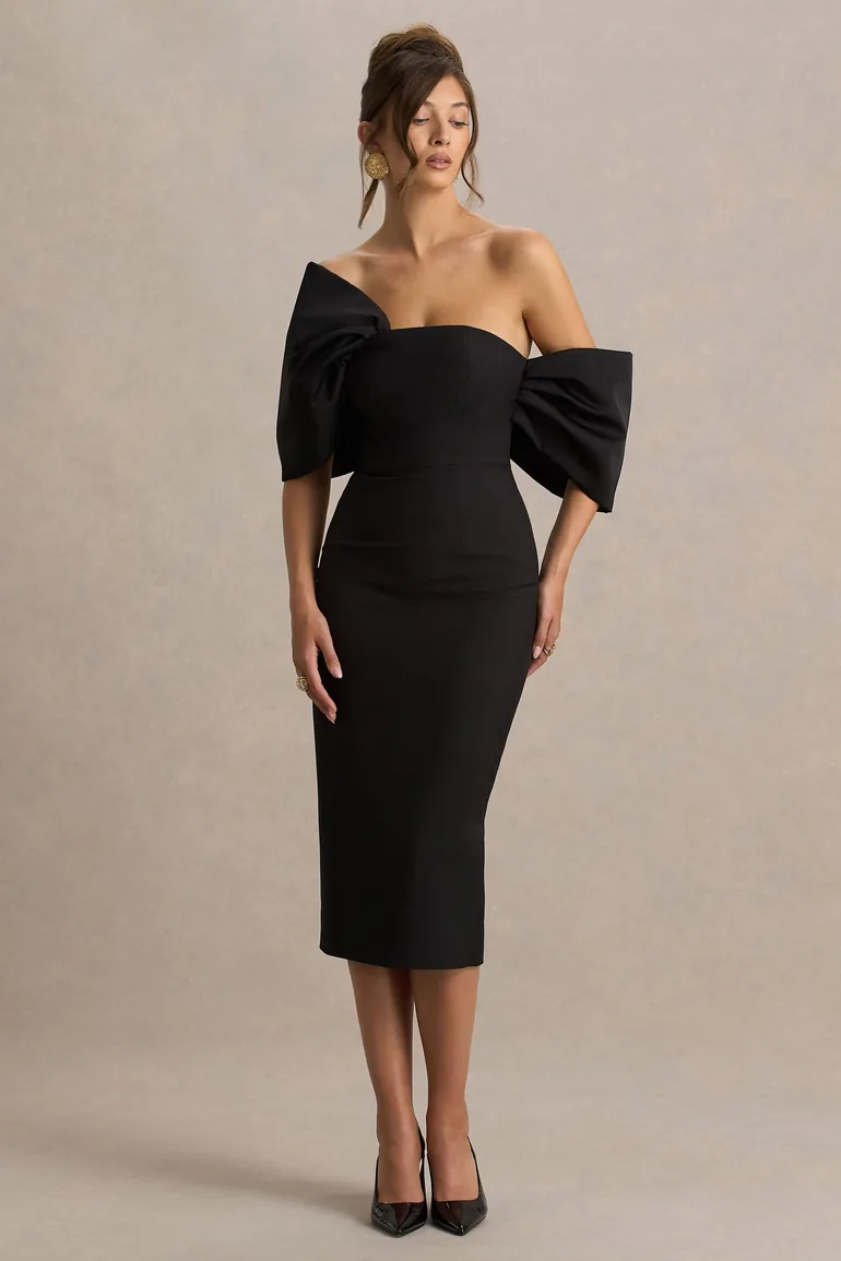 Lucille | Black Asymmetric Bardot Midi Dress - 4