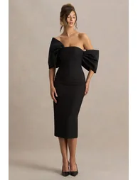 Lucille | Black Asymmetric Bardot Midi Dress - 4