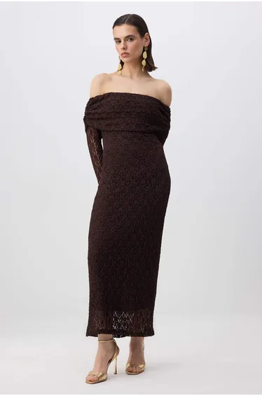 Brown Lace Lined Stylish/Evening Maxi Dress