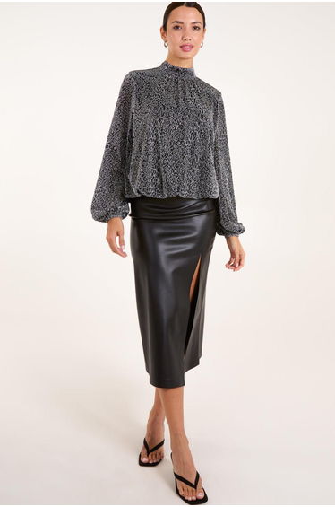 High Neck Puffball Hem Blouse