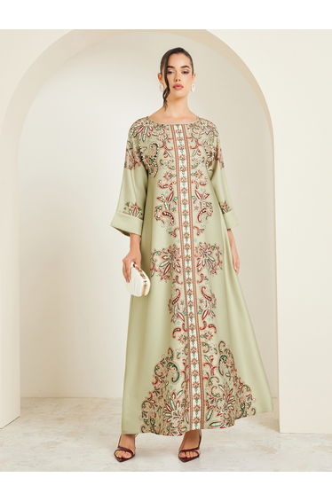 Women Green Embellished Long Sleeve Jalabiya