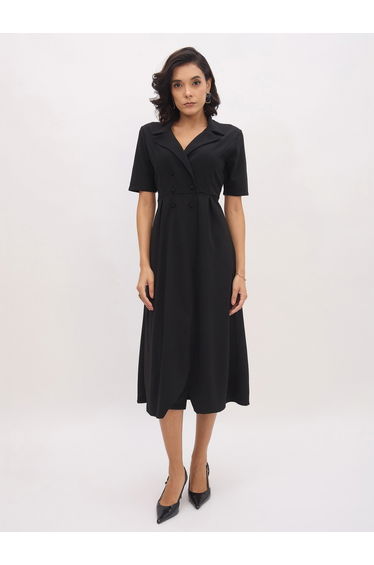 Women Black Notch Collar Buttoned Blazer Midi Dress