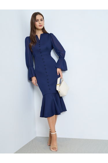 Dark Blue Button Detail Ruffle Hem Midi Dress